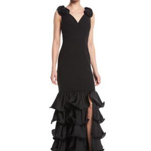 Aidan Mattox Tiered Ruffle Gown w/ 3D Rosette Shoulders